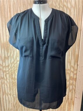 INC International Concepts Black Split V-Neck Sheer Blouse